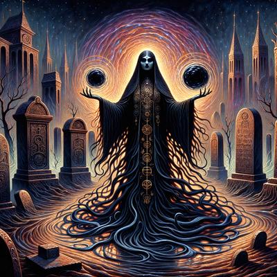 The primary subject of the image is a woman, possibly a ghost or a demon, standing in a graveyard. She is holding two balls in her hands, and her long hair is flowing around her. The setting is a graveyard with several tombstones and a clock tower in the background. The visual style of the image is digital art, with a vibrant and eerie atmosphere. The colors are predominantly dark, with the woman's outfit and the tombstones being the main focus.